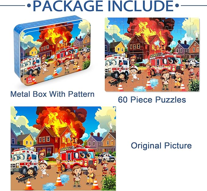 LELEMON Puzzles for Kids Ages 4-6, Fire Fighting 60 Piece Puzzles for Kids Ages 3-5 in a Metal Box, Educational Jigsaw Puzzles Childrens Puzzle Games Puzzle Toys for Girls and Boys