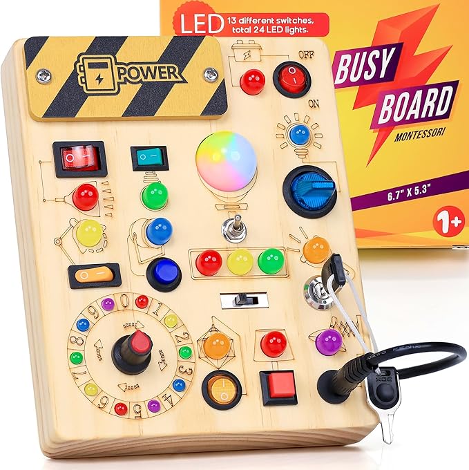 RichBoy Busy Board Toddler Toys Montessori Toys for 1-3 Year Old Boy Girl Birthday Gift for Grandkids, 37 in 1 LED Light Up Sensory Wooden Montessori Switch Board Toy - Learn and Travel (6.7" x 5.3")