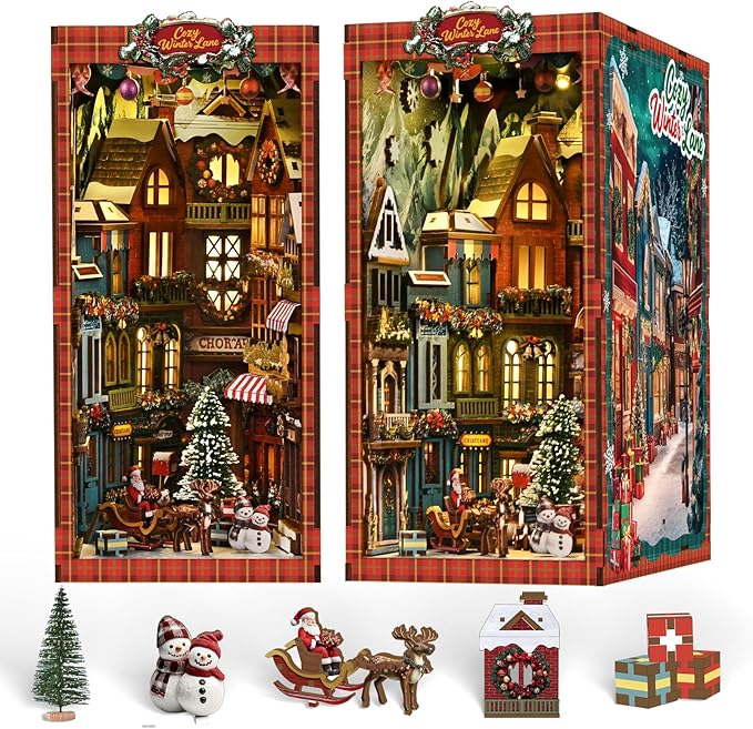DIY Miniature House Kit, Mini House Building Kit, DIY Book Nook Kit, Tiny Model House for Adults to Build, Beginner 3D Wooden Book Nook, for Family Friends (Christmas Corner)