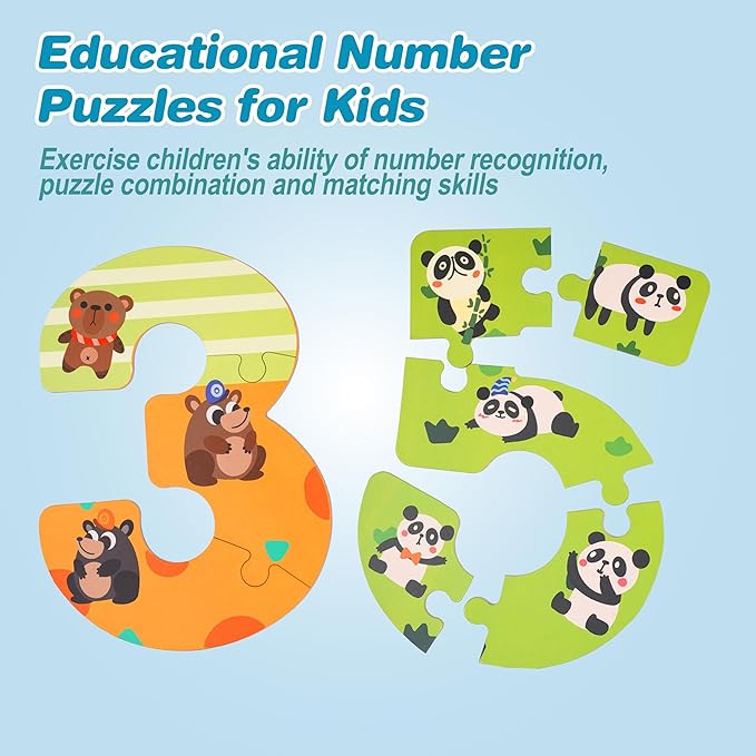 Wooden Puzzles for Kids, Montessori Numbers Puzzles Animal Puzzle for Toddlers, Preschool Learning Toys Educational STEM for Boys Girls Ages 3+