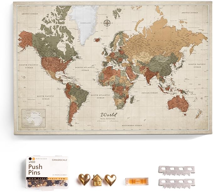 Canvas World Map with Cork Pin Board - English Lettering - Decorative Wall Decoration for All Rooms - Canvas Pictures with World Map Motif (90x60 cm, Pattern 2)