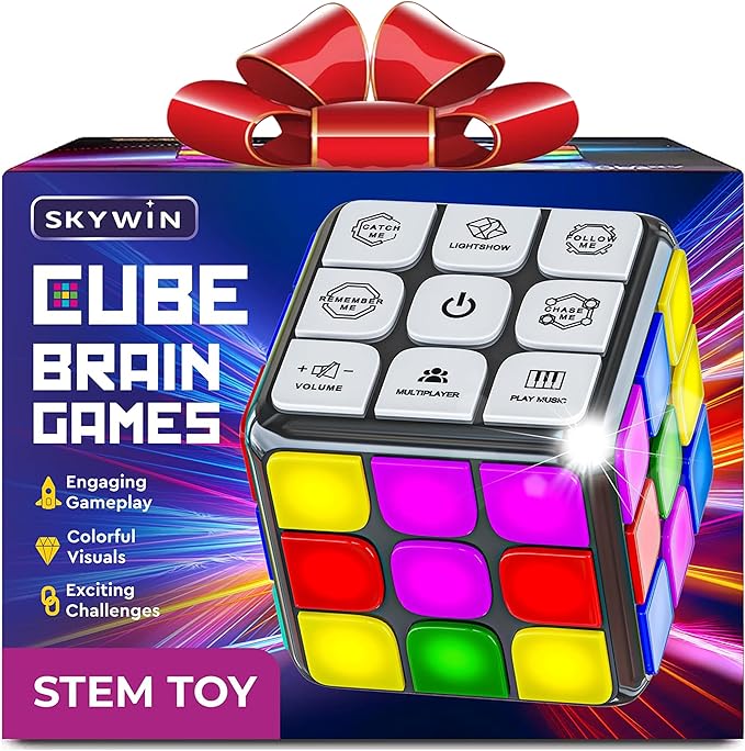 Skywin Light Up Rubix Cube, Puzzle STEM Memory Game Cube for Kids - 7 Game Modes Interactive Toy for Family Fun and Skill Development, Memory Gamecube for Brain Hands and Eyes Coordination (Black)