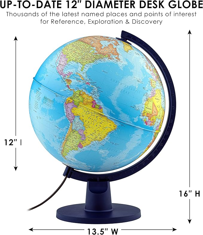 Waypoint Geographic Scout+ Illuminated Map, Kids Interactive Globe with Stand, More than 4000 Places, 12', Bonus Map Included, Blue