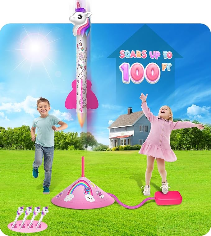 beefunni Unicorn Rocket Launcher for Kids, 4 Unicorns Outdoor Toys for Girls, Christmas Easter Birthday Gifts for Girls Ages 2 3 4 5 6 7 8 Years Old, Fun Indoor Toys for Kids Ages 2-4-6 Years Old