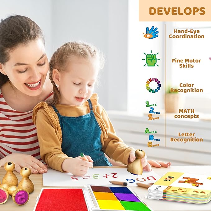 Wooden Alphabet & Number Stamps for Kids, Essential ABC 123 Learning Stampers for Ages 3-5,Montessori Educational Preschool Homeschool Must-Haves Classroom Gift