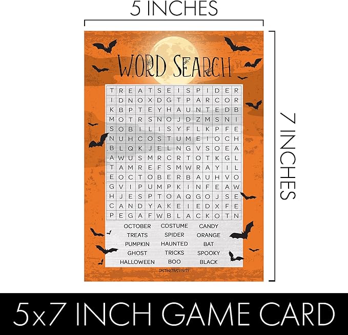 DISTINCTIVS Halloween Party Games – Word Search and Picture Match 2 Game Bundle, 25 Dual-Sided Cards for Kids, Adults, Classrooms, and Fall Events