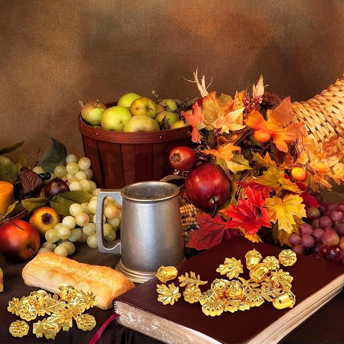 Thyle 120-140 Pcs/ 1 Ib Fall Vase Filler Golden Pumpkin Maple Leaves Acorn Sensory Bin Fillers Small Leaves Tiny Pumpkin Acorn Statue for Fall Thanksgiving Home Table Table Scatters Favor Vase Filler