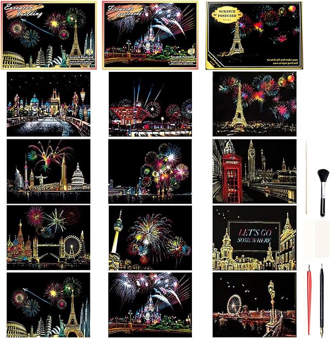 Georgie Porgy Scratch Paper Art Set DIY Arts and Crafts Kits for Kids Adults Magic Rainbow Scratch Postcards for Christmas Birthday Gift with Scratching Tools Kit (Europe Fireworks Architecture)