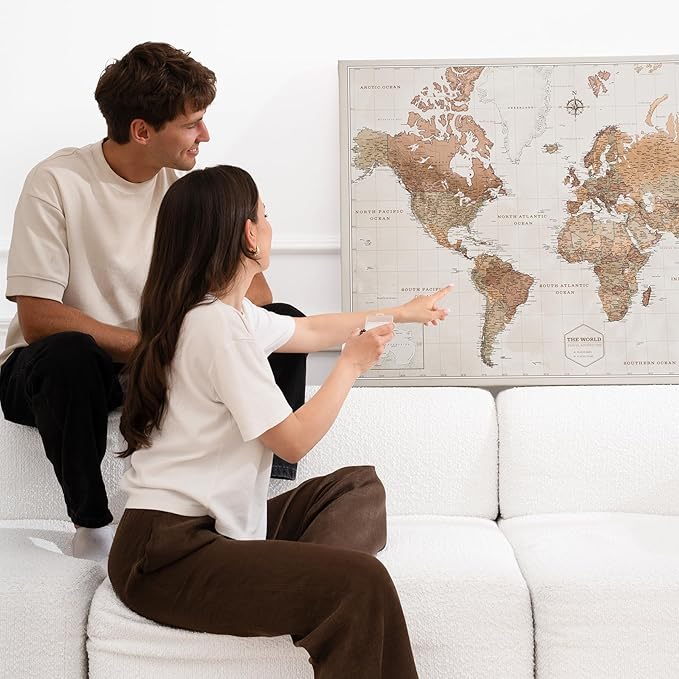 Canvas World Map with Cork Pin Board - English Lettering - Decorative Wall Decoration for All Rooms - Canvas Pictures with World Map Motif (150x100 cm, Pattern 16)