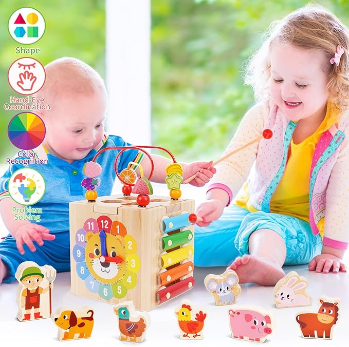 Toddler Wooden Activity Cube Toys, Montessori Toys for 1 2 3 Year Old Boy Girl, Educational Learning Toy for Toddlers 1-3 2-4 Years, Sensory Infant First 1st 2nd one two Christmas Birthday Gifts