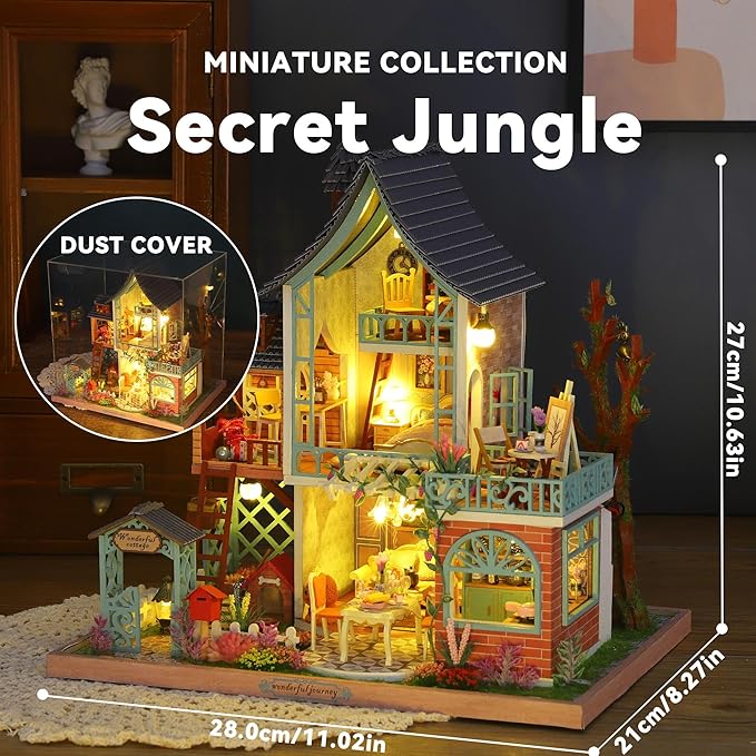 Flever DIY Miniature House Kit, Tiny Home Kit with LED Light, Mini House Build Craft Kits for Adults and Teens, Home Decor Creative Gift for Family/Friends (Secret Jungle)