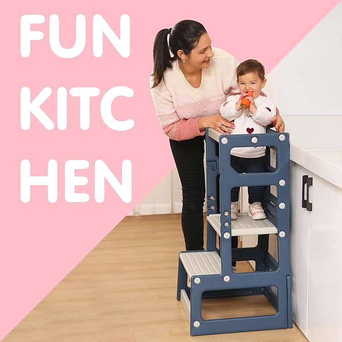SDADI Adjustable Height Kids Kitchen Step Stool with Removable Safety Rails and Anti-Slip Protection- Toddler Standing Tower with with Ring Toss for Learning and Playing (Blue and Light Grey)