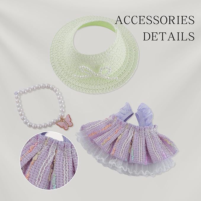 Clothes for Doll 3 PCS 17cm Clothes Set Cute Style Outfit Purple Dress Straw Hat Necklace for 6.7 Inches Doll Only Accessories