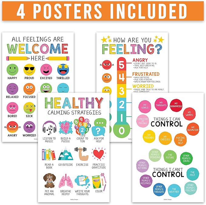 Hadley Designs Feelings Chart For Kids Ages 4-8 - Emotions Chart For Toddlers 3-5, Counseling Feelings Posters For Classroom Calming Corner, Social Emotional Learning Posters, Colorful Classroom Decor