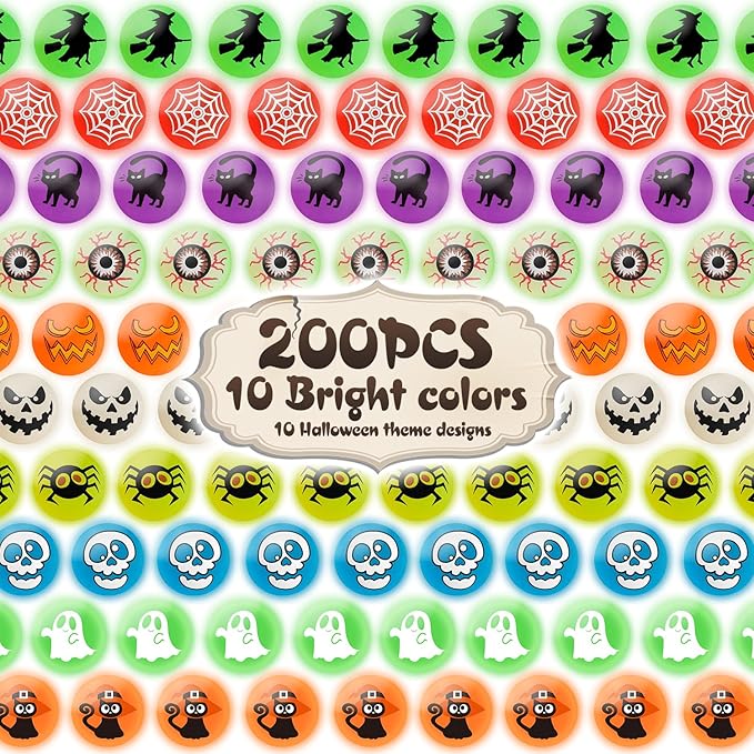 200 Pcs Halloween Party Favors, Glow in The Dark Bouncy Balls 10 Halloween- Themed Designs, Halloween Party Favors Supplies Trick or Treating Goodies Bag Gifts Fillers, School Classroom Game Rewards