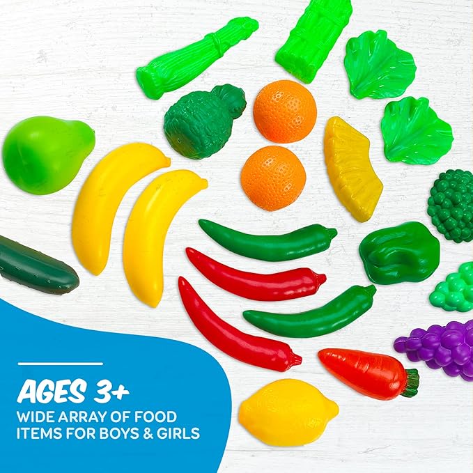 MEDca Kids Play Food Set - 130 Piece Pretend Play Collection - Assorted Fake Food Set Includes Fruits, Vegetables, Snacks, Dessert, Juices, Canned Goods and More for Boys and Girls