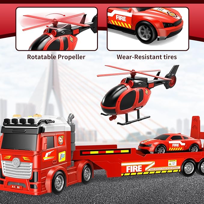 Kids Toys for Ages 3 4 5 6 7 8 Years Old Boys, 25" Large Fire Semi Truck with Helicopter & Race Car, Friction Powered Vehicle with Lights & Sounds,Birthday Gift for Boys Girls