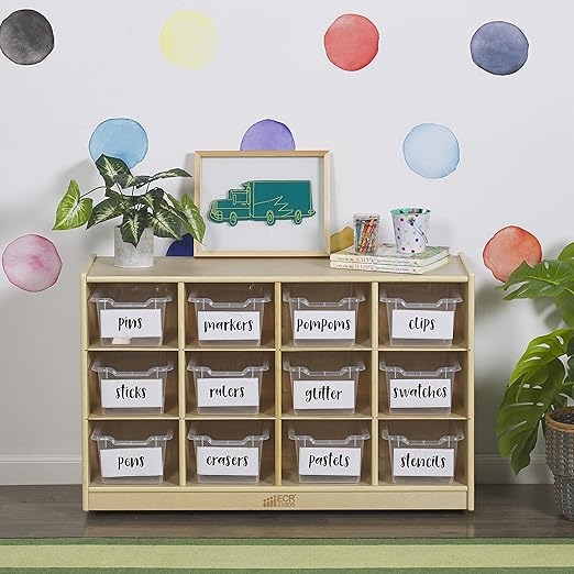 ECR4Kids 12 Cubby Tray Cabinet with Scoop Front Storage Bins , Classroom Furniture, Clear, 12-Piece