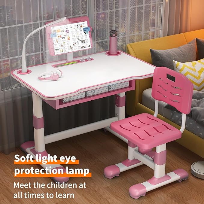 2025 NEW Kid's Study Desk and Chair Set, Ergonomic Height Adjustable Children Study Desk with Tilt Desktop, Book Stand, Light, Metal Hook and Storage Drawer,Gift for Boys Girls (Pink 70cm light)
