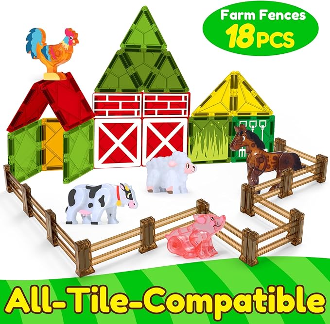 Oriate Farm Animals Fences Magnetic Tiles, 18pcs Magnet Fencing Compatible Garden Farming Zoo Dinosaur, Kids Magnetic Structural Construction Magnets Tile Building Blocks Toys Accessory