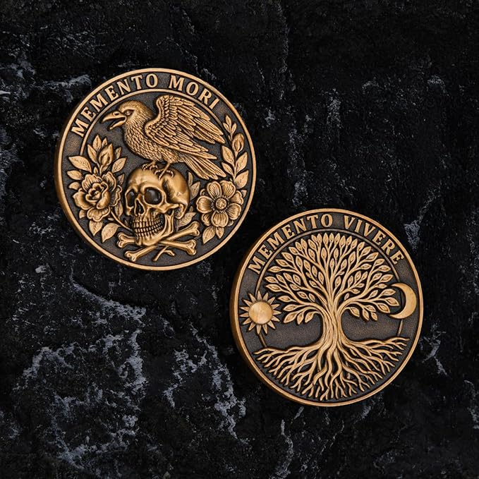 Memento Mori Memento Vivere Coin - Dual Sided Motivational Token with Skull & Tree of Life Design - Zinc Alloy Inspirational