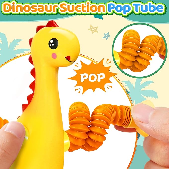 Sensory Travel Toys Chirstmas Stocking Stuffers Gift for Toddlers Kid Boy Year Old Ages 3+ Airplane Activities Suction Autism Pop Tube Fidget Toys Autistic Items Valentine for Kids (8pc-Dinosaur)