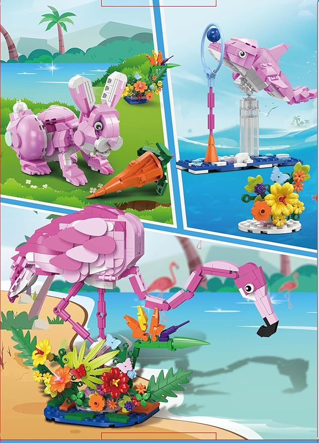 HOGOKIDS 3 in 1 Pink Flamingo Building Set with Flowers, Animal Figure with 3 Building Options - Flamingo, Bunny, or Dolphin, 558PCS Creative Easter Birthday Gift, Learning Toy for Kid Girl Boy Age 6+
