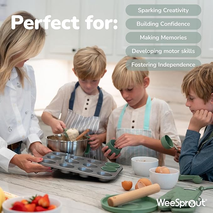Ultimate Baking Kit for Kids - Kids Baking Set with Child Sized Utensils - Includes Apron, Oven Mitts, Silicone Mats & Liners - Perfect Cooking Set for Ages 6-12 - Gift for Children Green