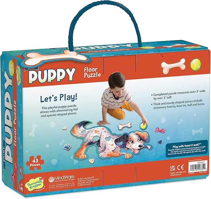 Peaceable Kingdom Shiny Puppy Floor Puzzle – 43-Piece Giant Floor Puzzle for Kids Ages 3 & up – Fun-Shaped Puzzle Pieces – Great for Classrooms