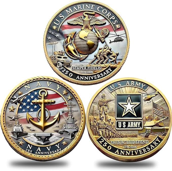 USMC 250th Anniversary Challenge Coin – 1.57" Double-Sided Gold-Plated Marine Corps Commemorative Coin – Military Gift for Veterans, Collectors, and Service Members(3pcs)