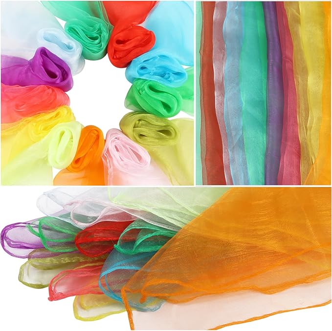 KIMOBER 24PCS Square Dance Scarves,12 Colors Juggling Silk Magic Tricks Music Movement Scarf Props for Kids Toddlers Children(24in × 24 Inches)