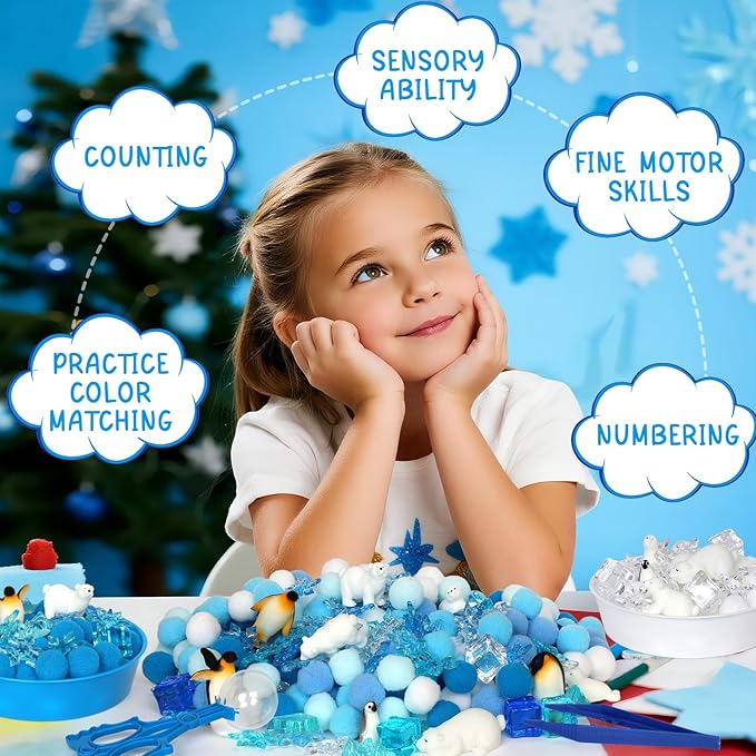 182 Pcs Winter Sensory Bin Items Winter Arctic Animals Counting Sorting Sensory Bin Filler Fine Motor Arctic Habitat Counts for Xmas Counting Decor