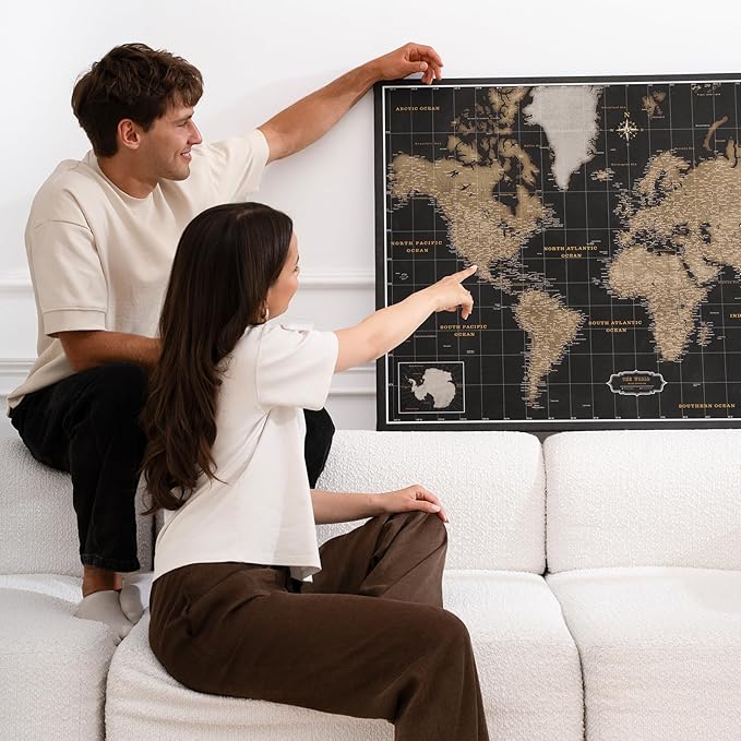Canvas World Map with Cork Pin Board - English Lettering - Decorative Wall Decoration for All Rooms - Canvas Pictures with World Map Motif (90x60 cm, Pattern 6)
