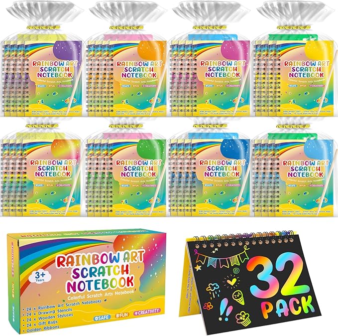 YSCare Scratch Arts Party Favors for Kids: 32 Pack Rainbow Art Scratch Notebook, Art Craft Kit Goodie Bags, Birthday Gift Bulk Return Gifts Classroom Prizes for Girls Boy 4-8-12