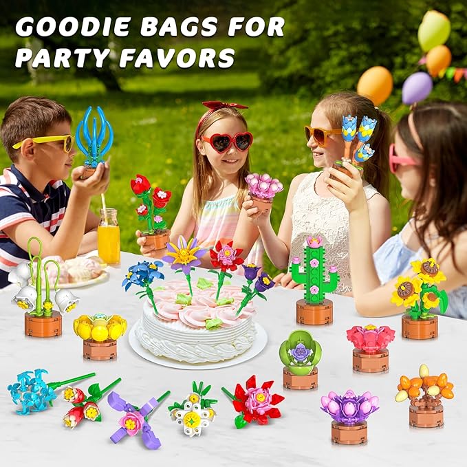 24 Pack Flowers Party Favors for Kids Building Set - 827PCS Succulents 3.6MM Mini Building Blocks Toy for Easter Basket Stuffers, Classroom Prizes, Mother's Day Birthday Gift for Girl Boy Ages 6+