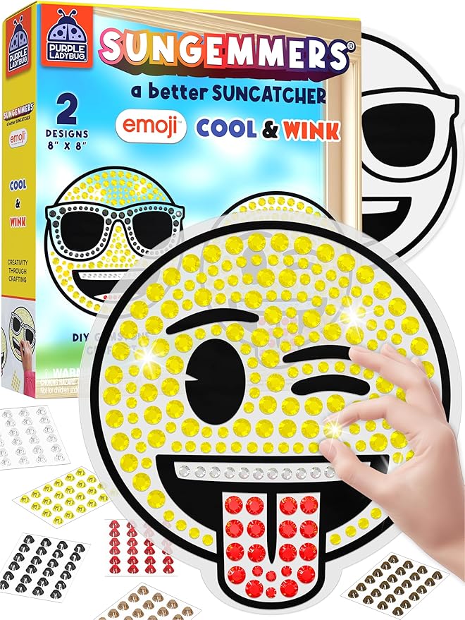 SUNGEMMERS Emoji Cool & Wink Window Art Kit - DIY Diamond Art Suncatcher Craft for Kids Ages 6-12 - Creative Gift for Girls, Boys, Mess-Free Arts & Crafts Set with 1000+ Gem Stickers, Templates