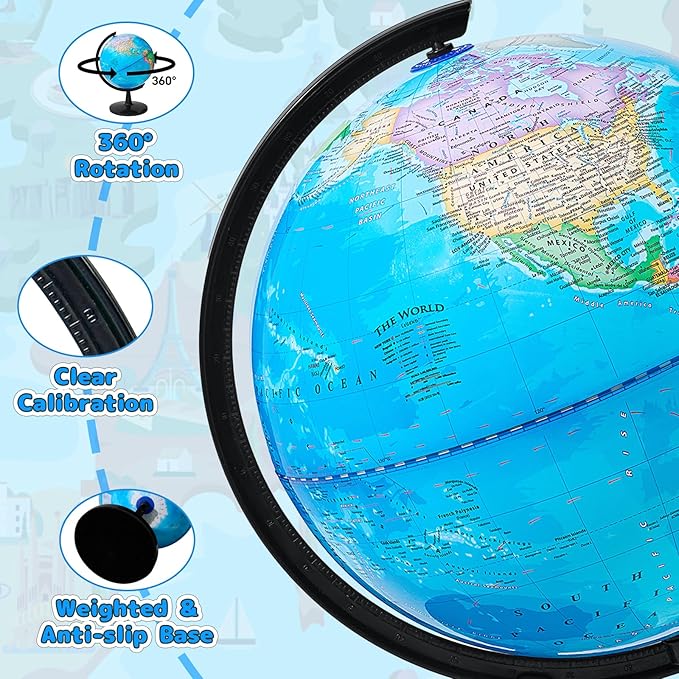 GOCHANGE 8" World Globe with Thickened Base - More Stable, 360° Spinning, Stimulate Children's Geographical Interest & Political Map, No assembly required