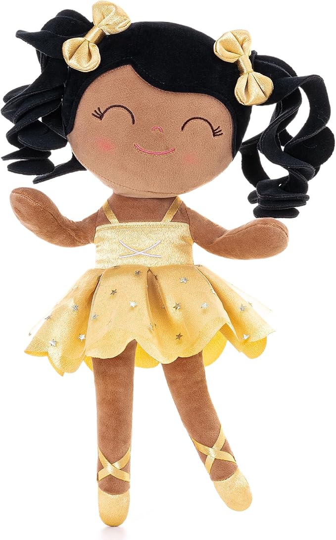 Gloveleya Baby Dolls Soft Snuggly Curly Hair Ballerina Doll First Baby Girl Gifts Plush Tanned Ballet Doll with Lace Mesh Dress Golden 14inches Ballerina Series