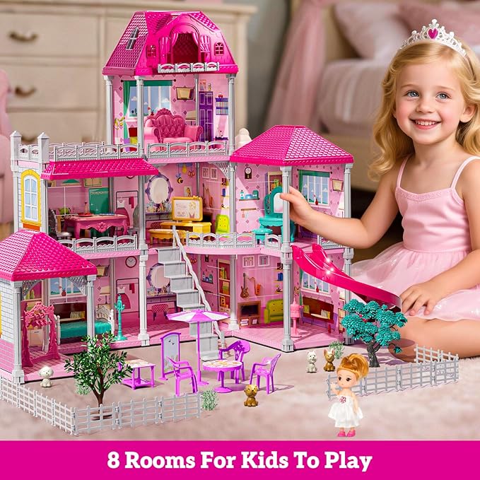 Villa Playset for Girls Ages 3-7, 3-Story 8 Room House with 2 Dolls, Furniture and Accessories, Indoor Playset Girls Toys for Ages 6-8, Pretend Toddler Toy, Birthday Gifts for Kids 4-8