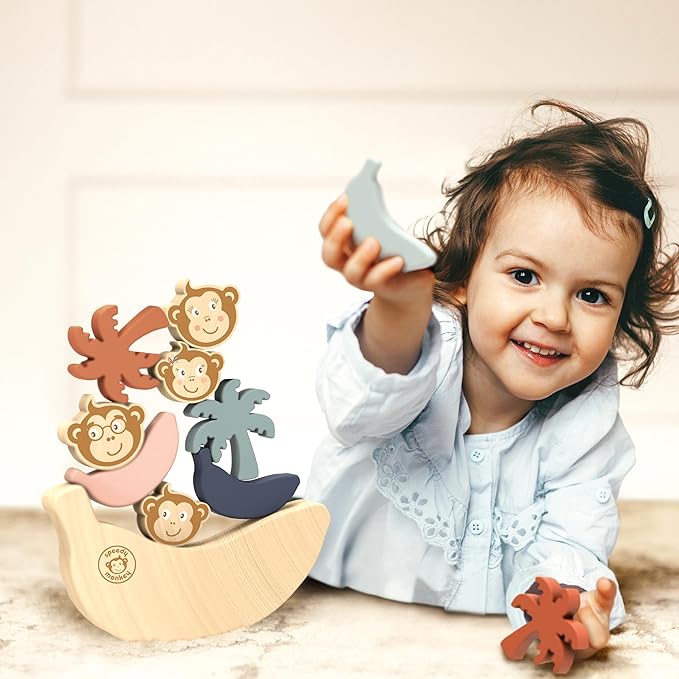 Speedy Monkey See Saw Game, Wooden Stacking Blocks, Balance Beam with Bananas, Palm Trees & Monkeys, Enhances Color Knowledge, Logic & Fine Motor Skills, Non-Toxic Paint For Kids