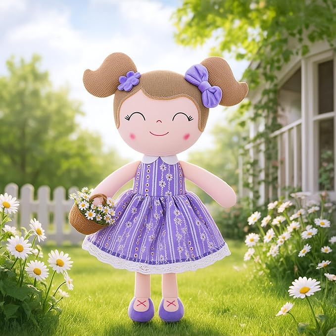 Gloveleya Baby Girl Gifts Soft Plush Doll – Lavender Daisies 16 Inch Cuddle Toy with Basket, Collectible Keepsake Birthday Easter Baby Shower Christmas for Girls