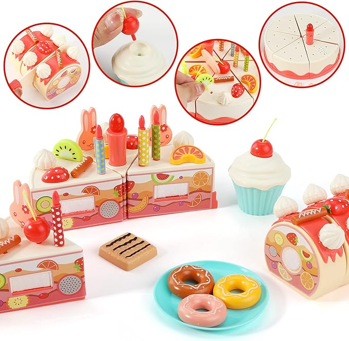 83 PCS Birthday Cake Food Play Set - Food Toy Pretend Cutting Play Cake Desserts Ice Cream and Donuts Food Toys - Birthday Gifts Toy Set for Boys Kids Girls