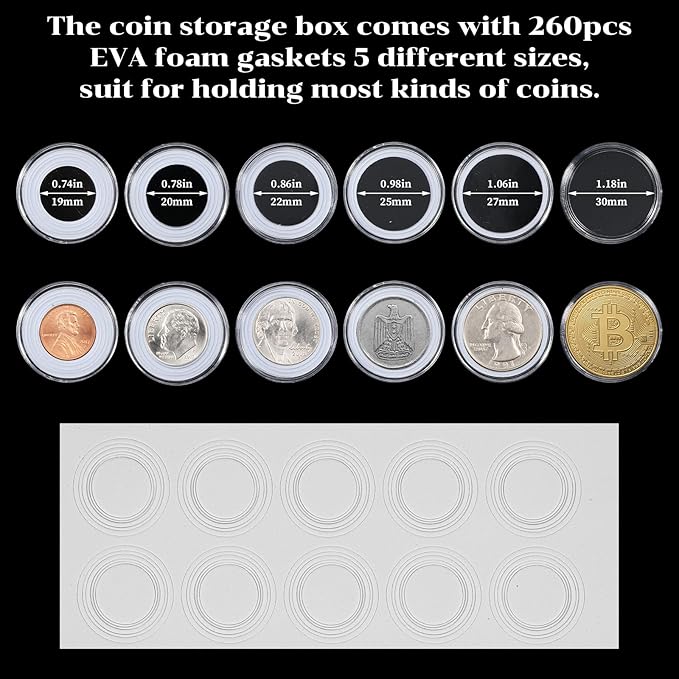 260 Pcs 30mm Coin Capsules with Foam Cushions – 6 Sizes (19/20/22/25/27/30mm) for Collectors,Coins Case with Clear Plastic Storage Organizer Box and Protective Gaskets for Coin Collection Supplies
