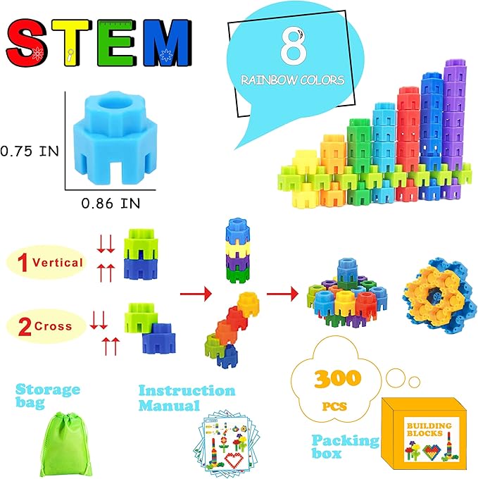 300 Pcs Kids Building Blocks with Storage Bag - Interlocking, Colorful Stem Toys for 3+ Year Old - Connects Building Toys for Kids Learning - Kindergarten Educational Toys for 3-5 Years