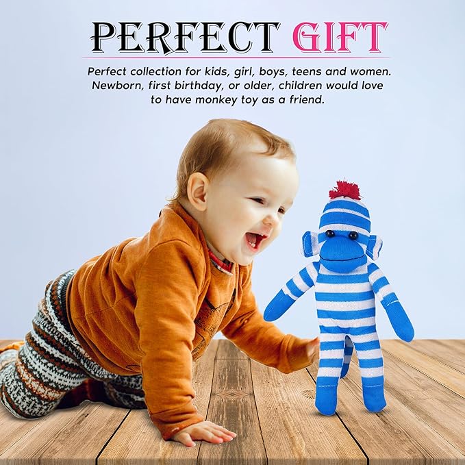 Adorable Sock Monkey, The Original Traditional Hand Knitted Stuffed Animal Toy Gift-for Kids, Babies, Teens, Girls and Boys Baby Doll Present Puppet (16" Blue)
