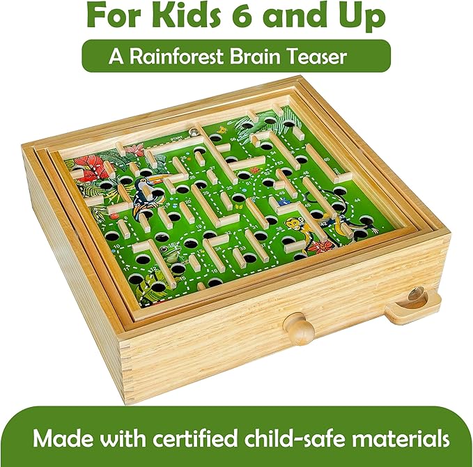 STERLING Wooden Labyrinth Marble Maze Game, Large 12.75" x 11.5" Tilt Maze Game Board with 60 Waypoints and Marble Balls Included, for Kids and Adults 6 Years and Up, Natural Jungle