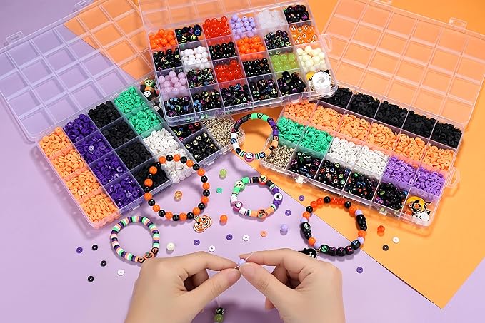 XIANNVXI 2700pcs Halloween Clay Beads Orange Purple Black White Green Jewelry Making Kit Friendship Bracelet Supplies with Halloween Pattern Clay Beads DIY Crafts Kit