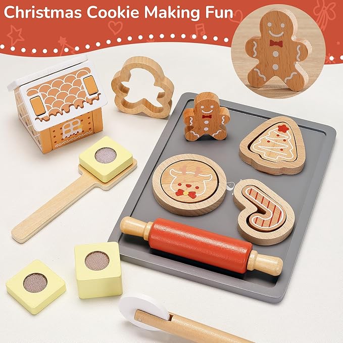 PairPear Gingerbread House Baking Playset – 29 Piece Wooden Christmas Cookie Baking Kit, 3D Toy Cookie Play Food & Pretend Kitchen Accessories, Educational Play Baking Toys Gift for Kids 3+