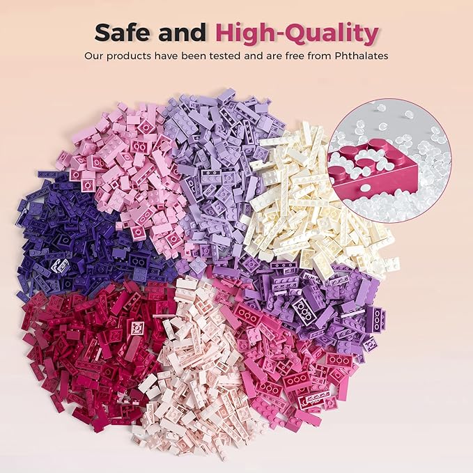1800Pcs Building Bricks, Classic Bulk Small Blocks, Classic Building Bricks Set Basic Building Blocks(Pink Purple White)