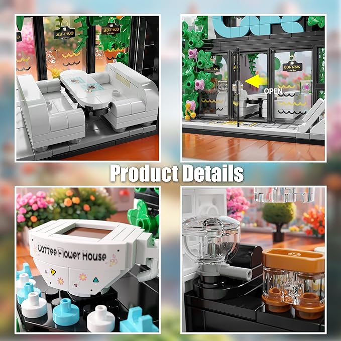 Flower Coffee Shop Building Block Set with LED Lights,STEM Cafe House Building Toys,Coffee Garden House Architecture Model,Birthday Gift for Adults Boys Age 8-12(564Pcs)